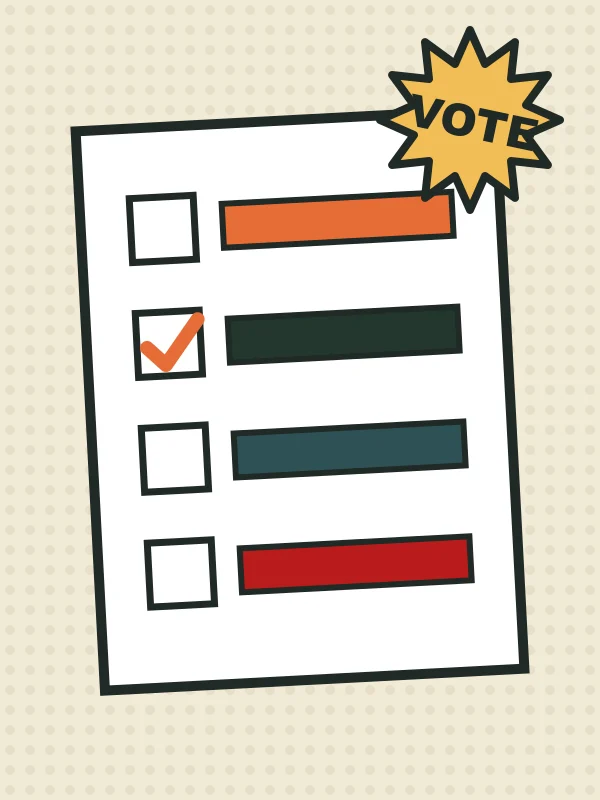 A paper ballot with four coloured theme boxes, one ticked
