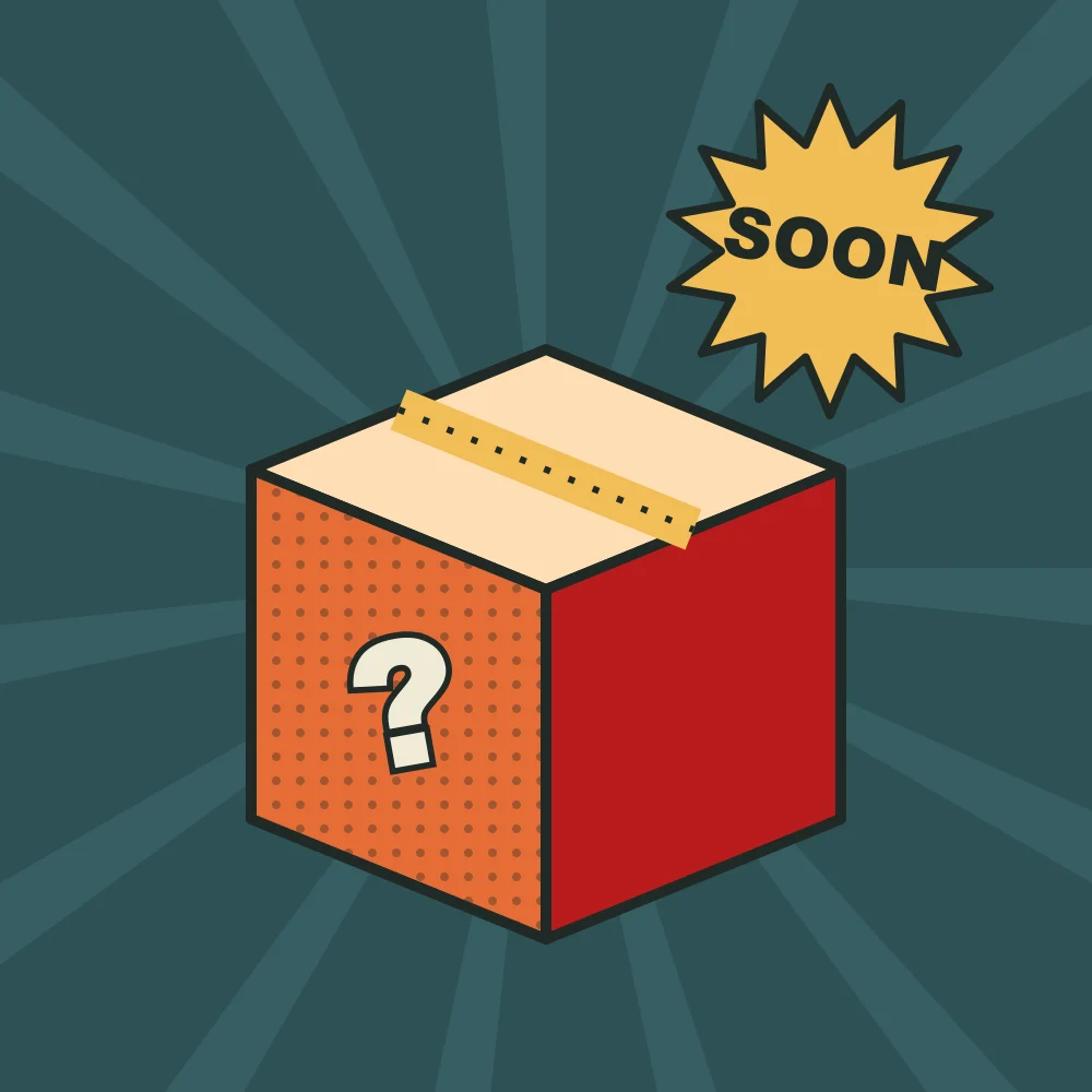 A sealed orange and red box with a question mark and a SOON burst