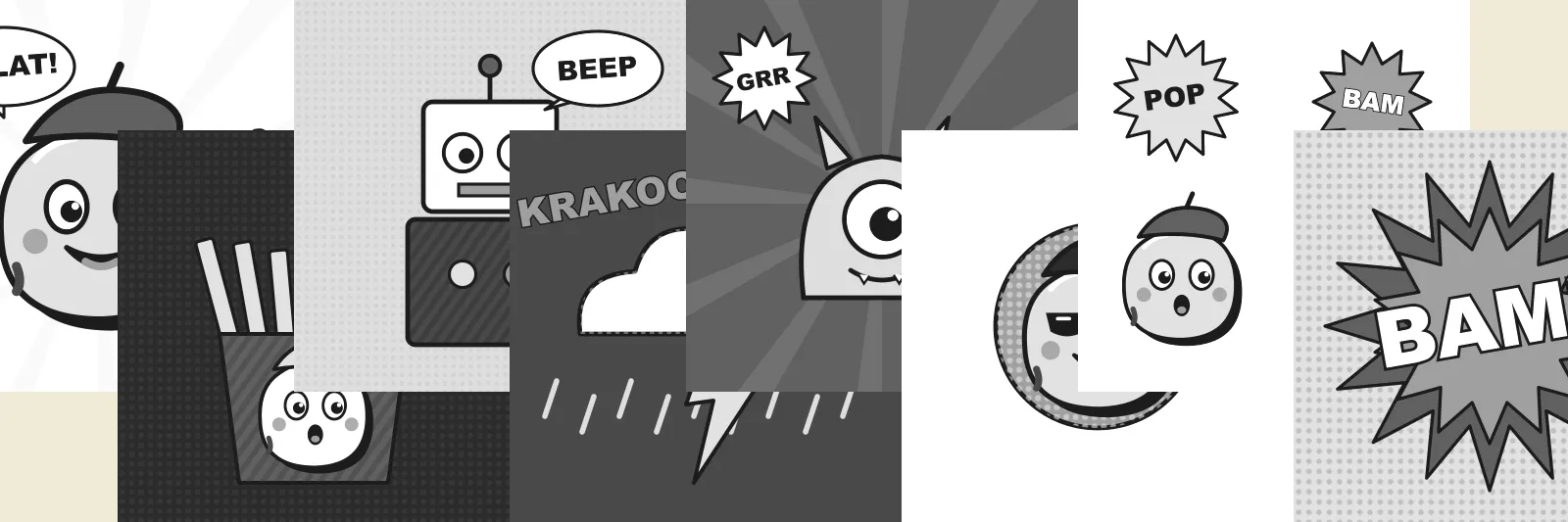 A grey strip of Doodi sample drawings: fries, a toy robot, a storm cloud, a one-eyed monster and sound words