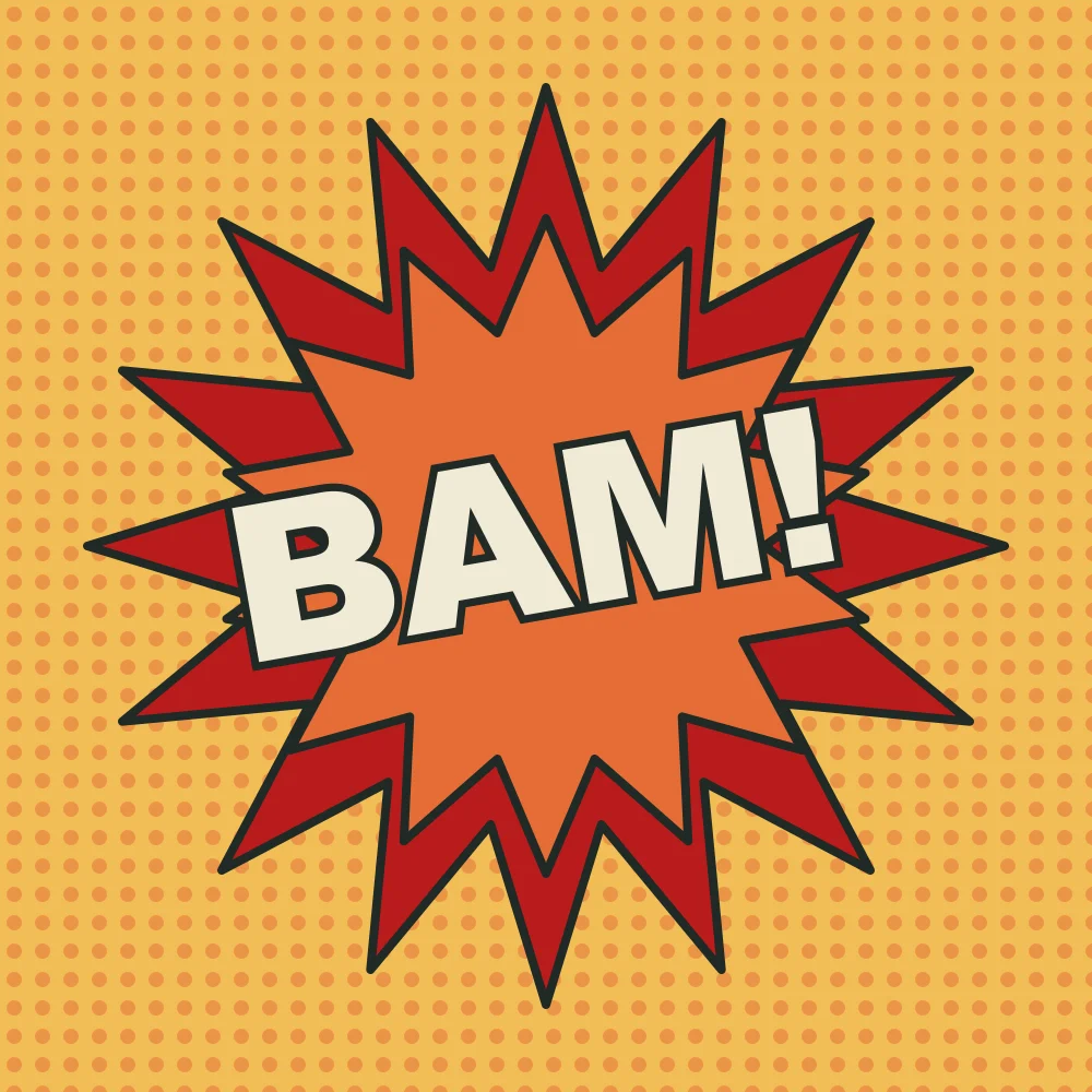 Bam Burst: Two stacked starbursts and a heavy word, built for a square post.