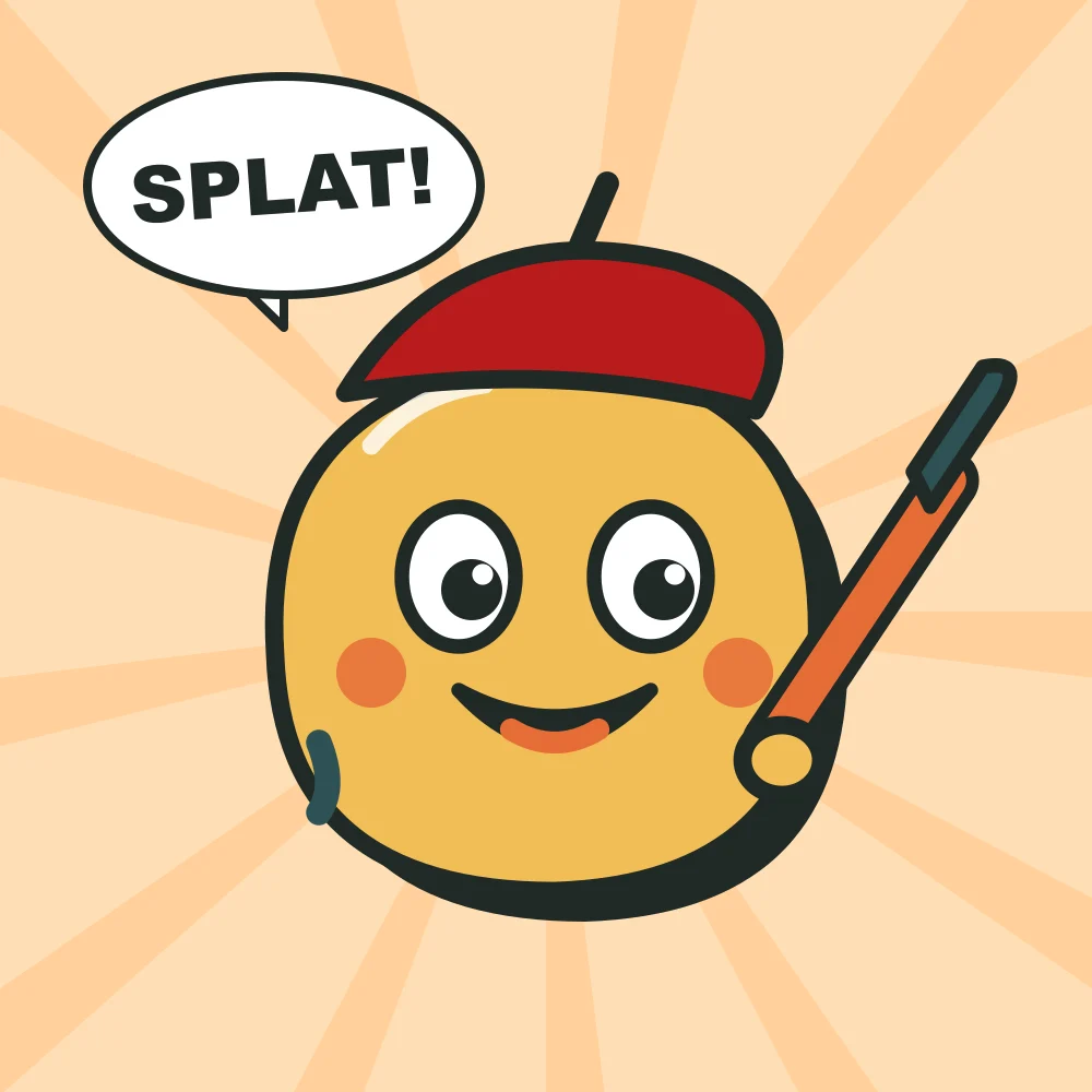 Brush Day: A beret doodle mid-stroke on a sunburst. Two inks, one splash word.