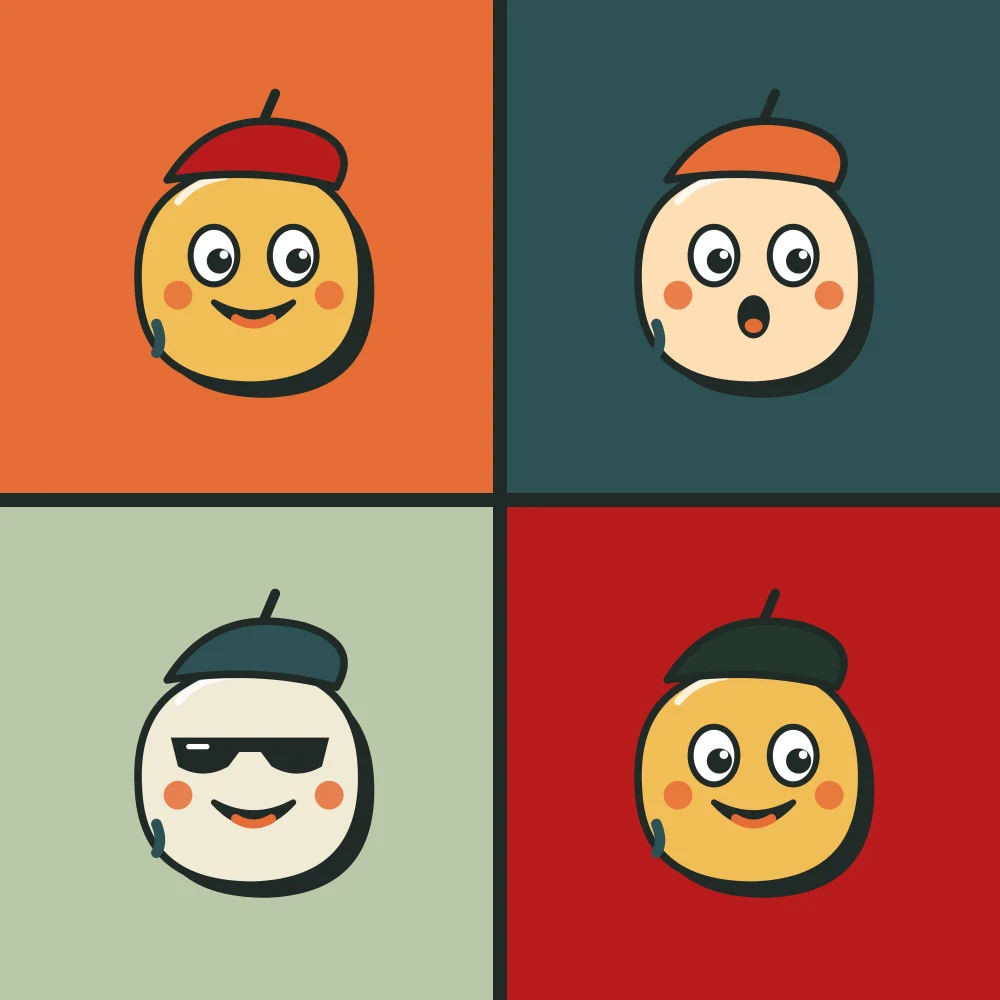 Mirror Pop: Four colour swaps of the same beret doodle in a four-panel grid.