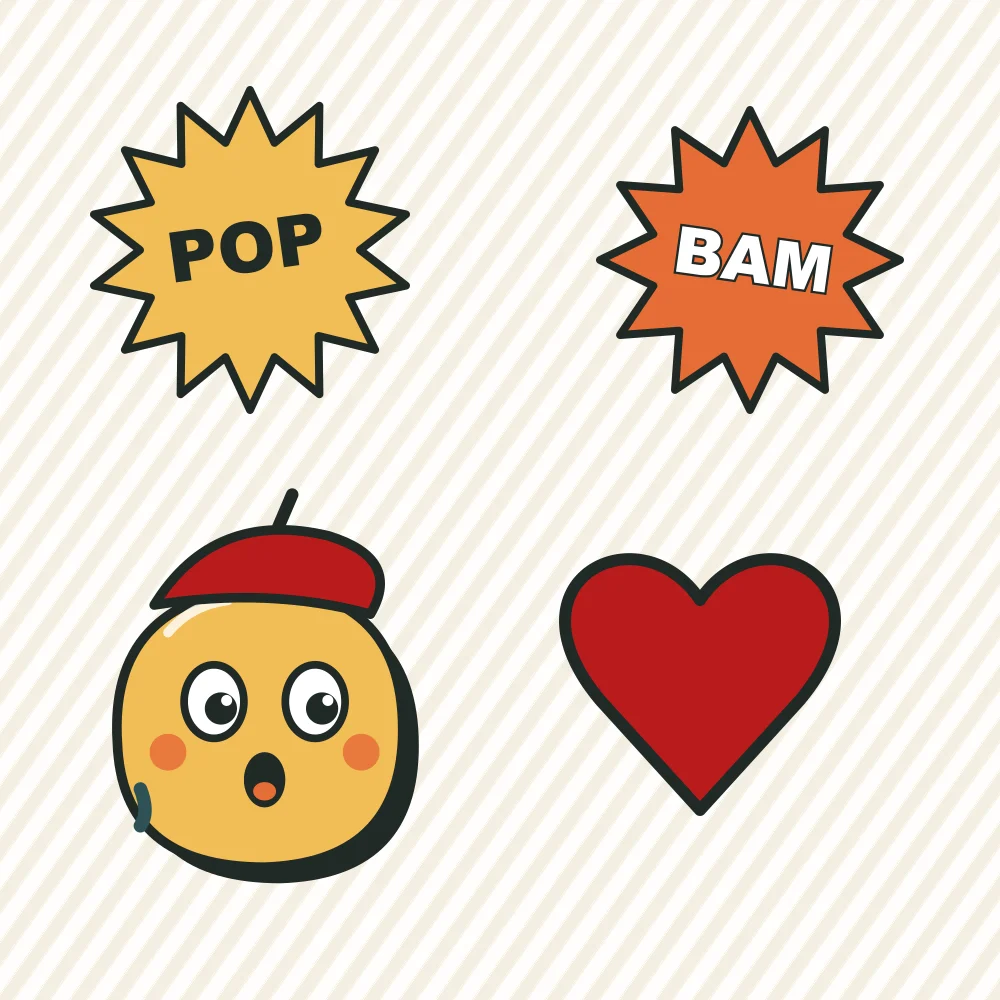 Sticker Sheet: The burst, heart and face shapes you can stamp in the Studio.