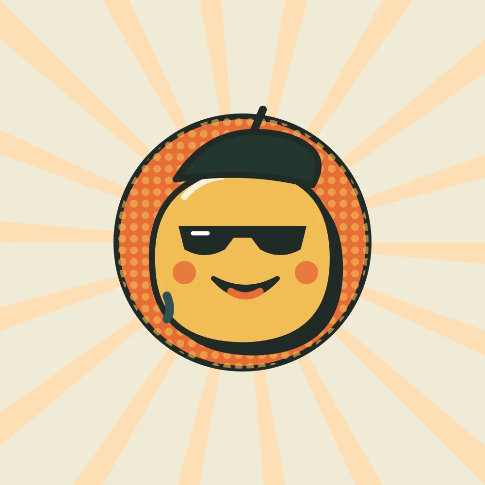 Sun Dots: A beret doodle in shades over a dotted sun, printed in a coarse dot screen.